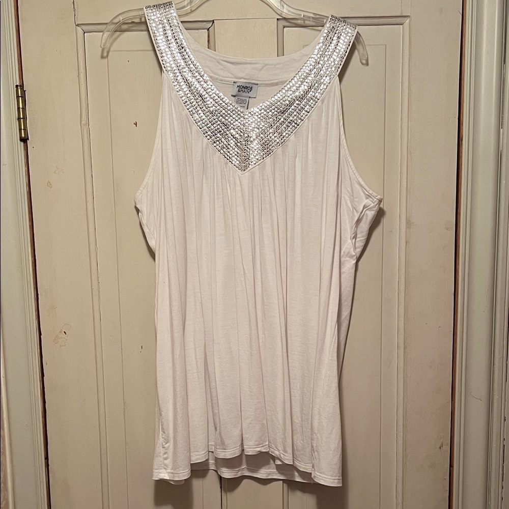 Monroe & Main White Tank Top with Silver Sequins